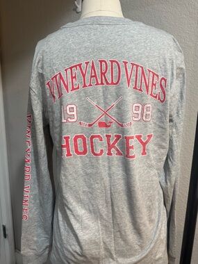 Vineyard Vines Gray Long-Sleeve Hockey Logo Tee with Pink Print